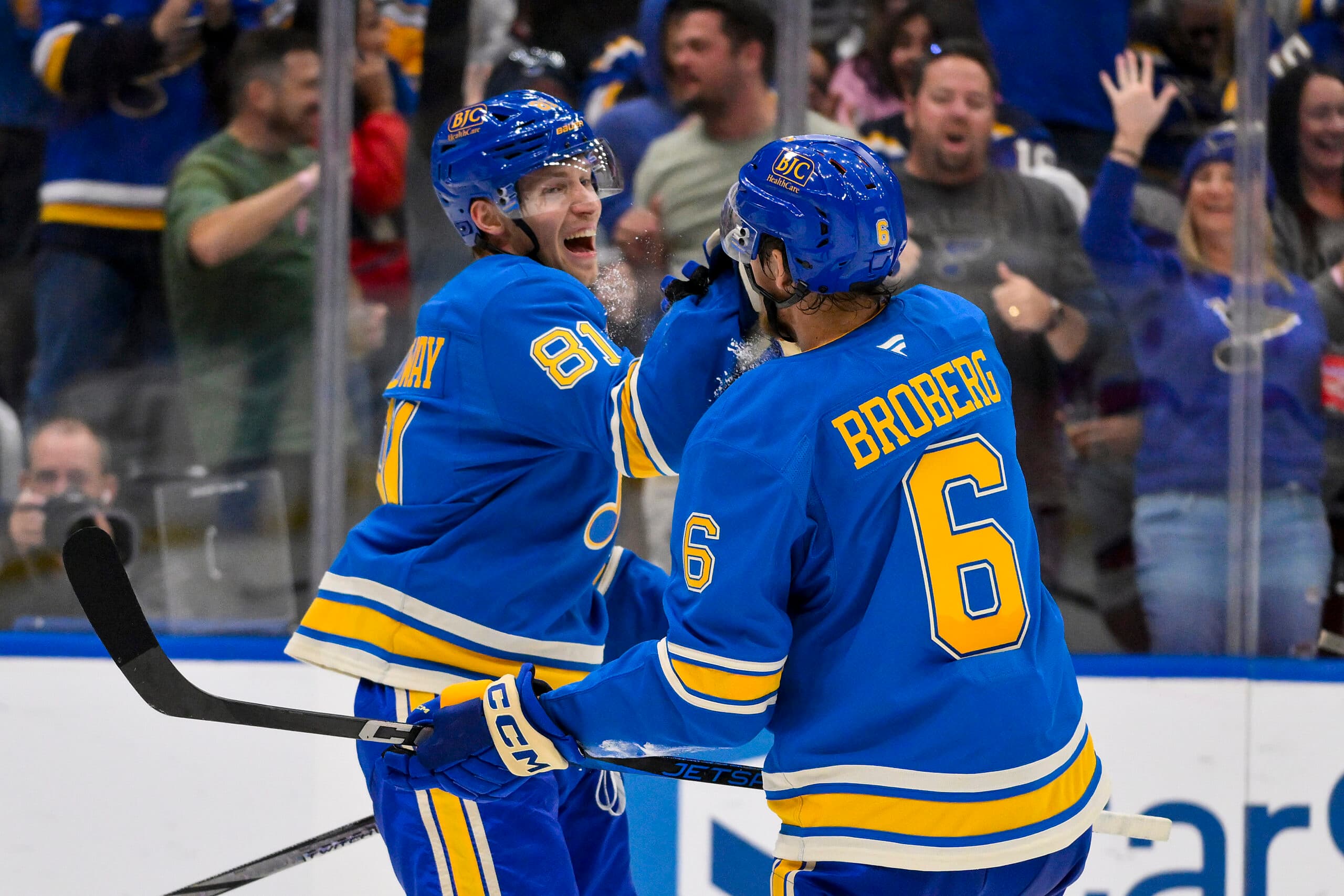 St. Louis Blues Dylan Holloway and Philip Broberg