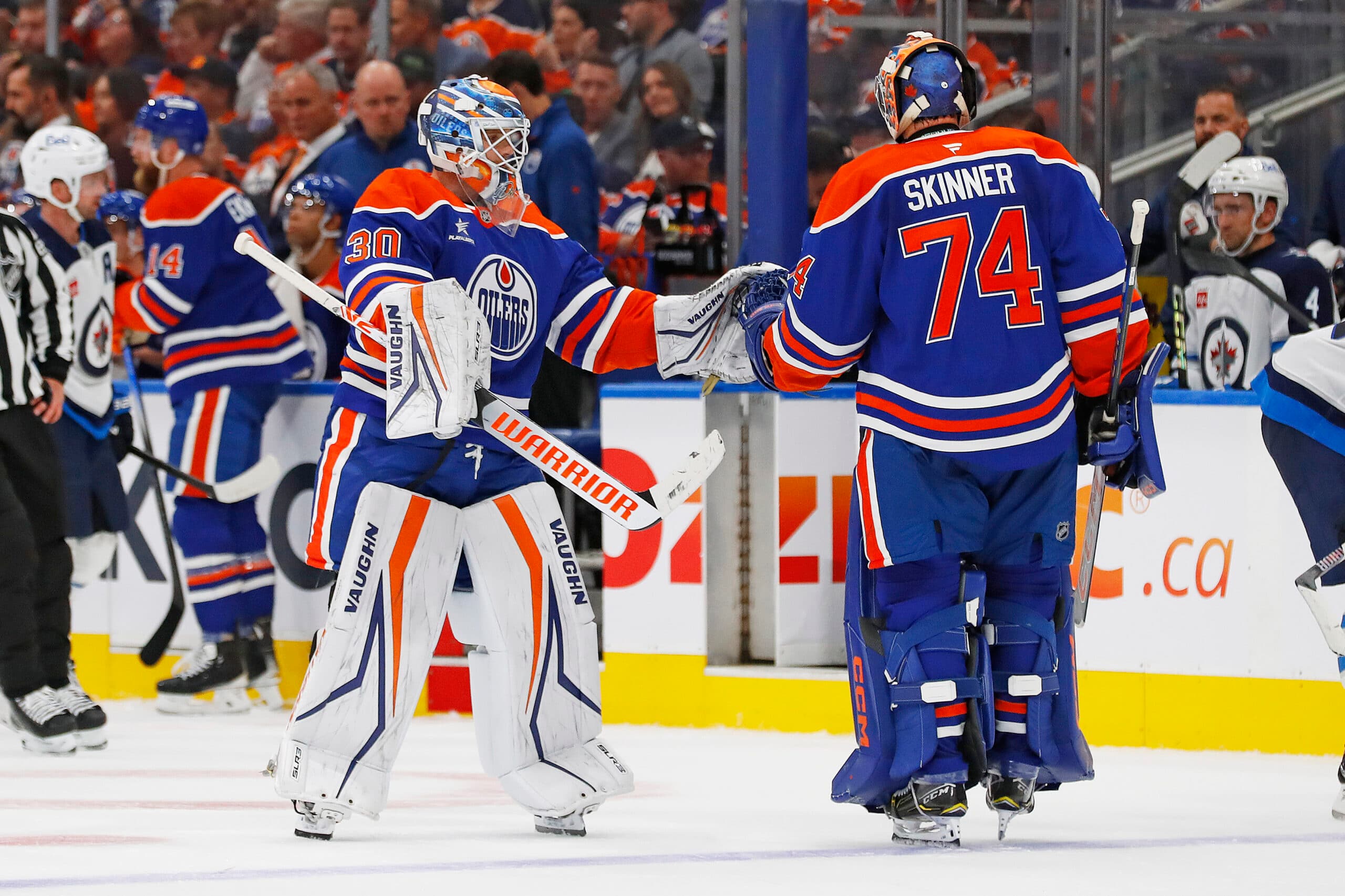 Edmonton Oilers goaltenders Calvin Pickard and Stuart Skinner